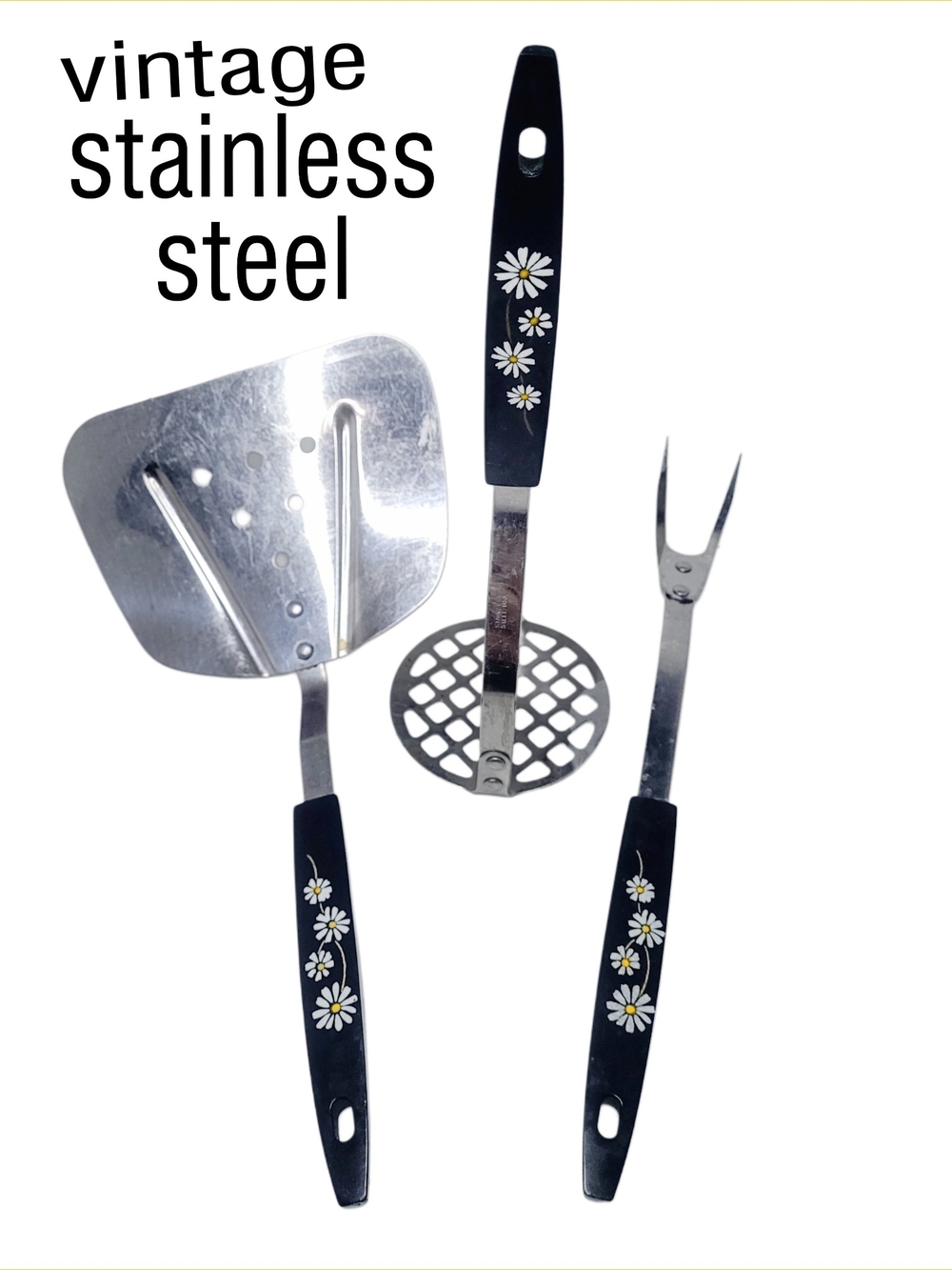 Vintage 1960s Black Daisy Stainless Steel Kitchen Utensil Set